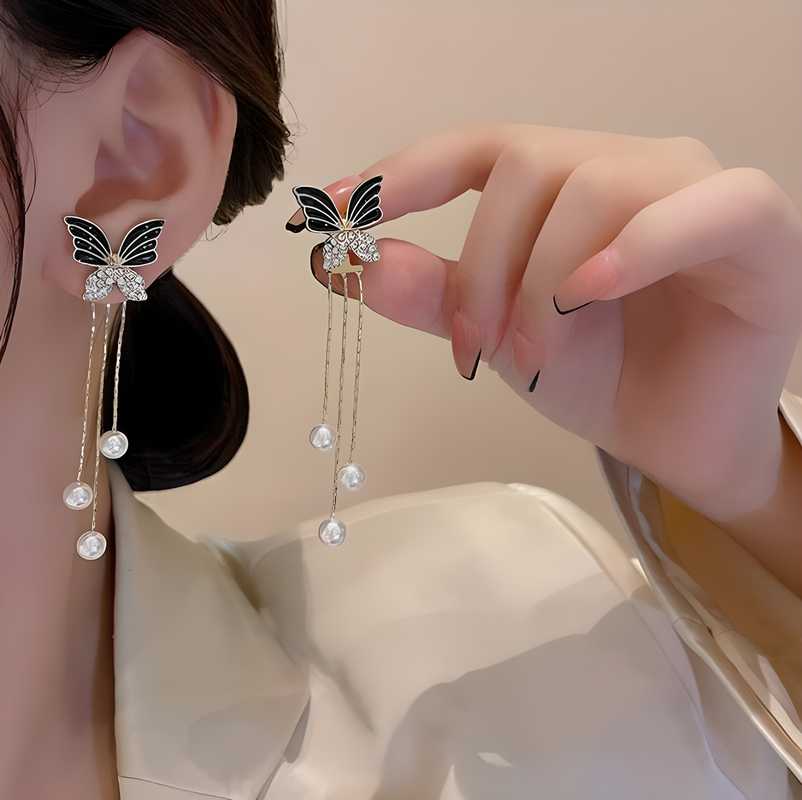 Luxury Black Butterfly Earrings Light Weight Long Pearl Drop Korean Earrings Silver Needle Earring For Girls & Woman