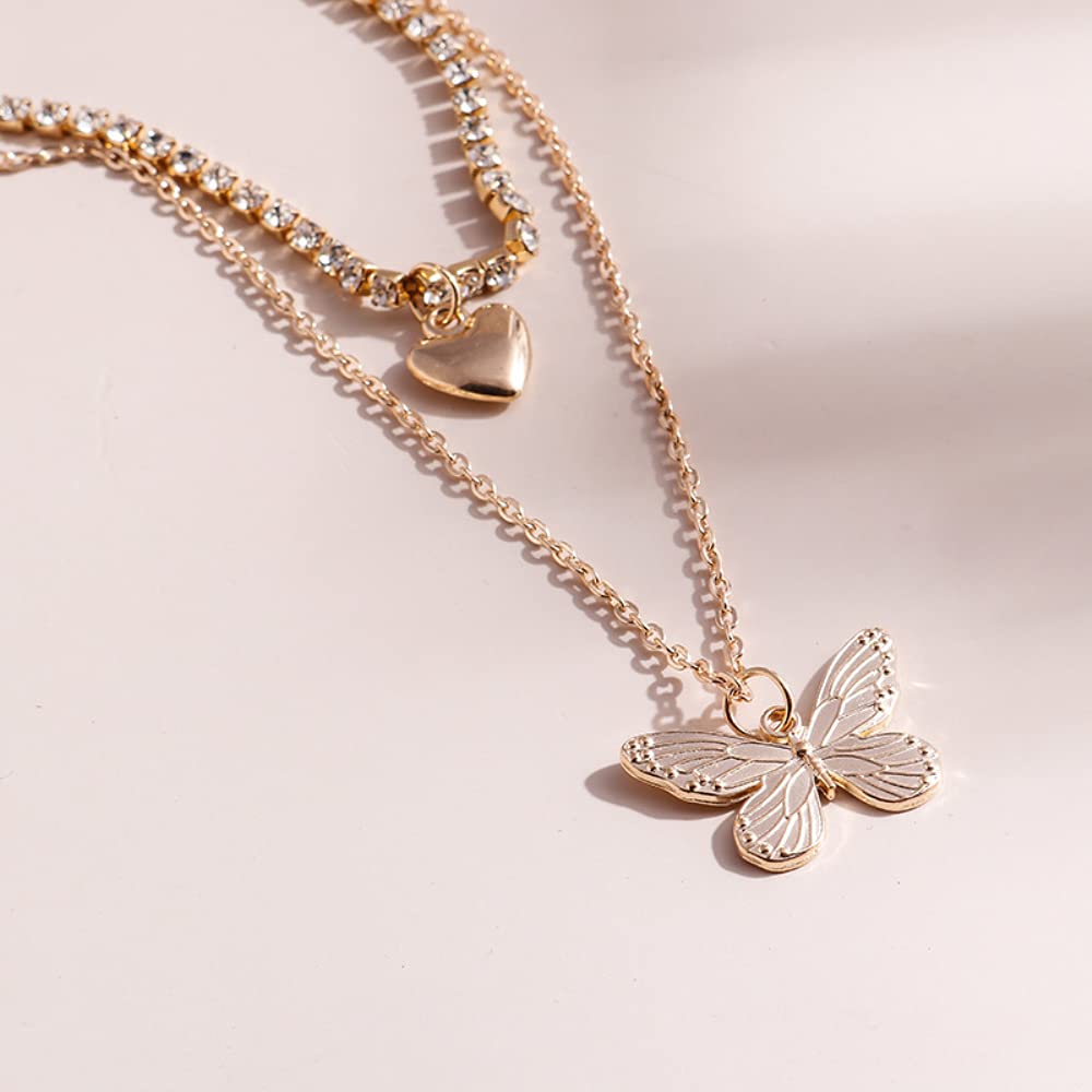 Two Layered Gold Coloured Butterfly Pendant And Heart Locket